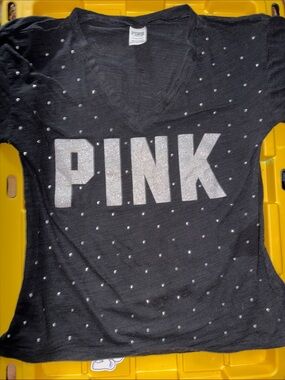 PINK Glitter Logo Black V-Neck Tee